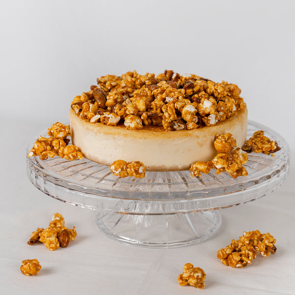 Pie de queso con palomitas de caramelo